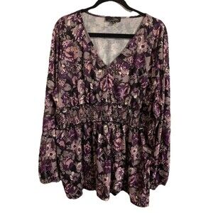 Suzanne Betro Womens Size 3X Floral Top V Neck Smocked Waist Blouse